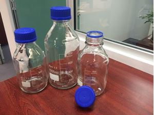 Picture of Liquid Handling Glassware, Lab Bottle Schott type clear Glass w/Blue GL45 Screw Lid 250ml  MS1407-250